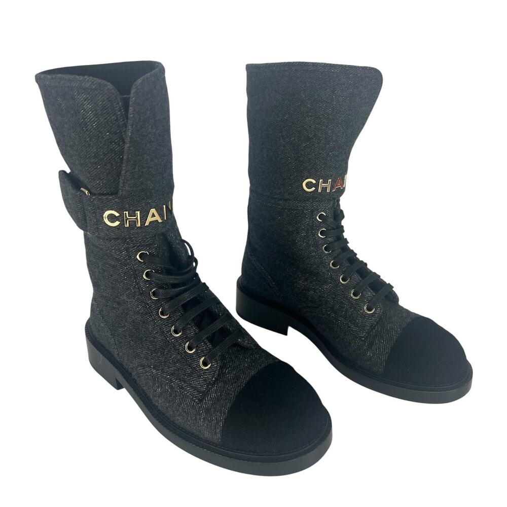Chanel 2021 Interlocking CC Cap Toe Tweed Logo Combat Boots - Picture 3 of 16